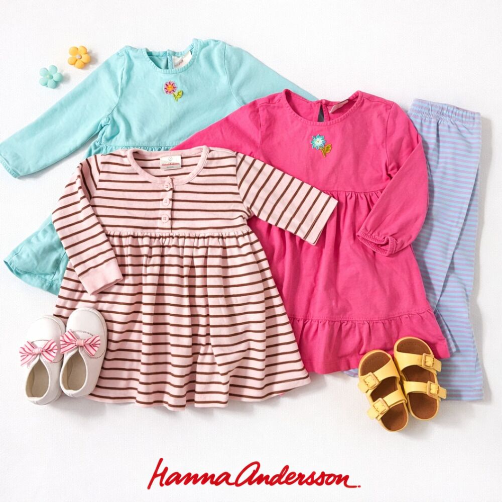 Hanna Andersson, Girl's Spring Long Sleeve Cotton Dress 4PC Bundle, 100/4Y,
